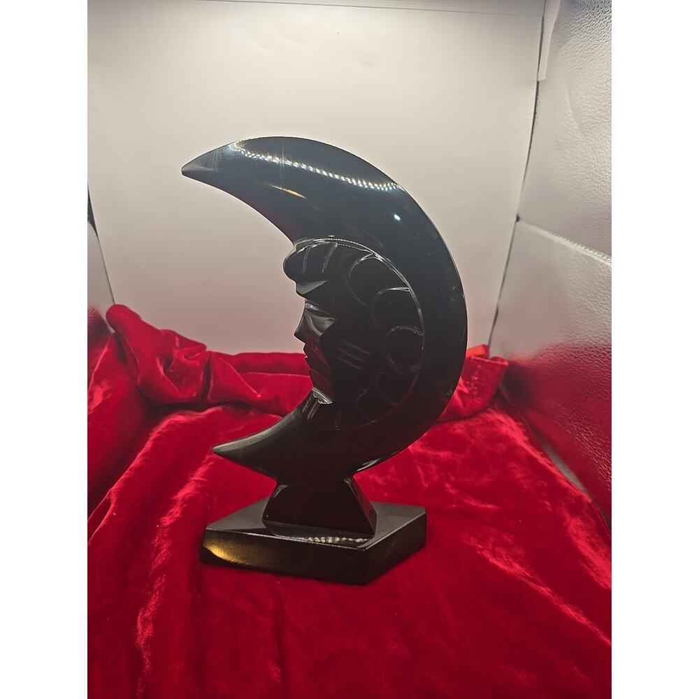 Vintage Carved Marble Moon Celestial Black Stone Silhouette Figurine Statue